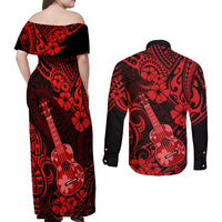 Hawaii Ukulele Couples Matching Off Shoulder Maxi Dress and Long Sleeve Button Shirts Polynesian Pattern Red Version - Wonder Print Shop