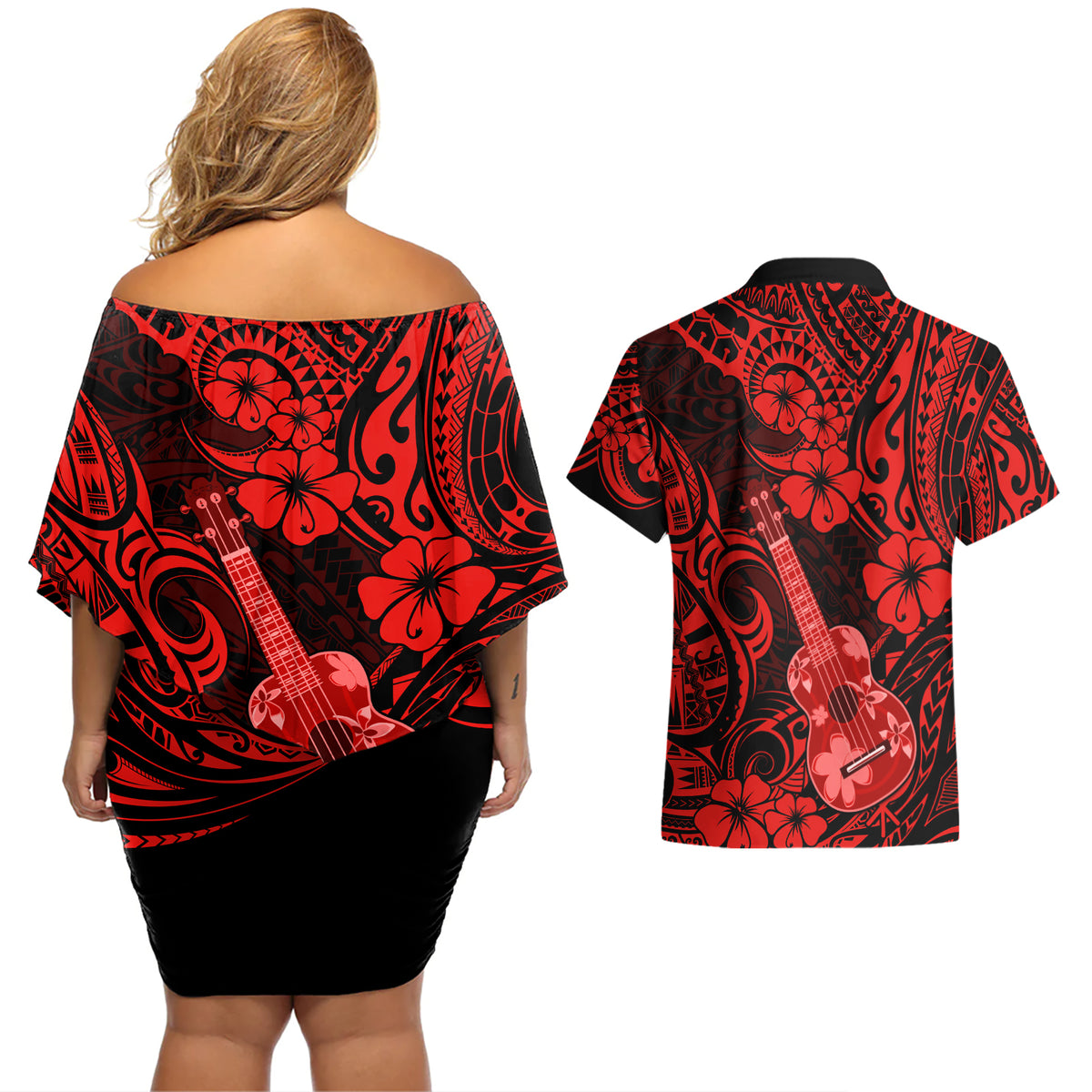 Hawaii Ukulele Couples Matching Off Shoulder Short Dress and Hawaiian Shirt Polynesian Pattern Red Version - Wonder Print Shop