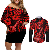 Hawaii Ukulele Couples Matching Off Shoulder Short Dress and Long Sleeve Button Shirts Polynesian Pattern Red Version - Wonder Print Shop
