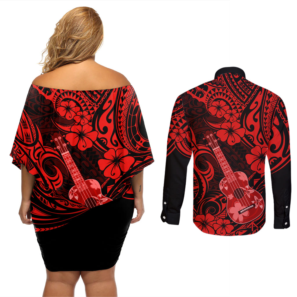 Hawaii Ukulele Couples Matching Off Shoulder Short Dress and Long Sleeve Button Shirts Polynesian Pattern Red Version - Wonder Print Shop
