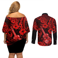 Hawaii Ukulele Couples Matching Off Shoulder Short Dress and Long Sleeve Button Shirts Polynesian Pattern Red Version - Wonder Print Shop