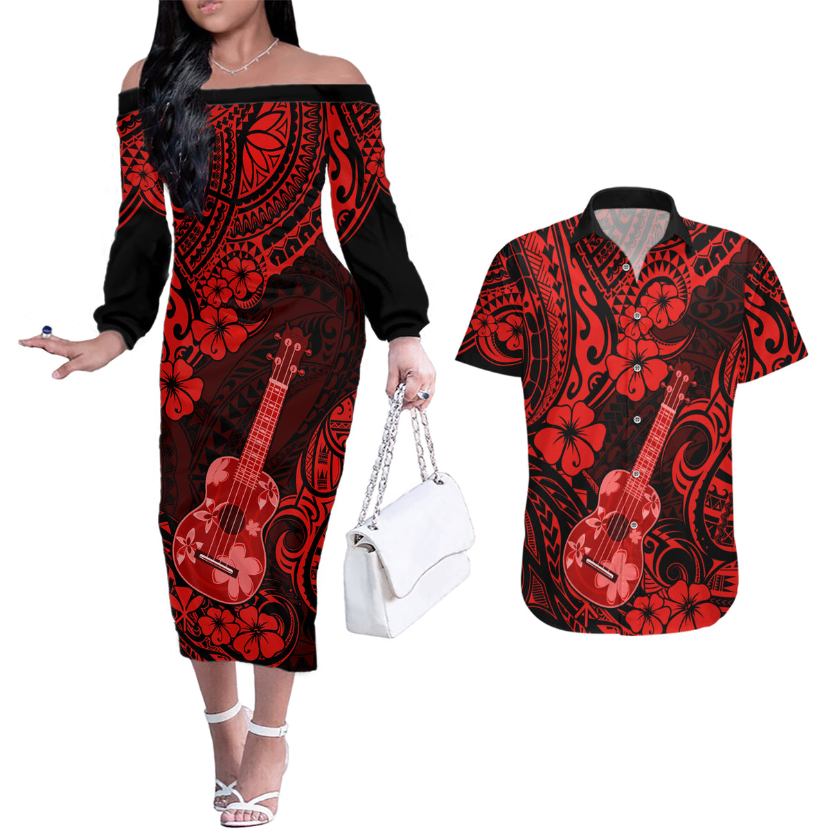 Hawaii Ukulele Couples Matching Off The Shoulder Long Sleeve Dress and Hawaiian Shirt Polynesian Pattern Red Version - Wonder Print Shop