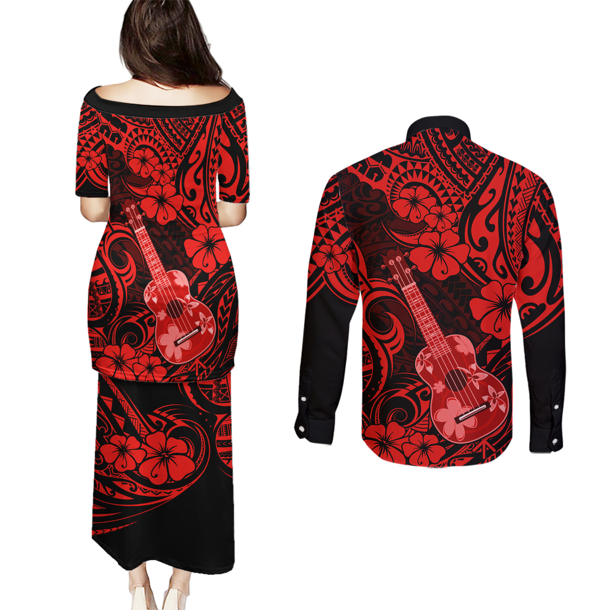 Hawaii Ukulele Couples Matching Puletasi Dress and Long Sleeve Button Shirts Polynesian Pattern Red Version - Wonder Print Shop
