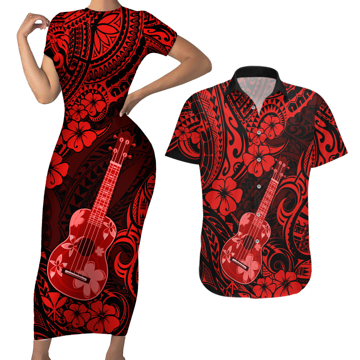 Hawaii Ukulele Couples Matching Short Sleeve Bodycon Dress and Hawaiian Shirt Polynesian Pattern Red Version - Wonder Print Shop