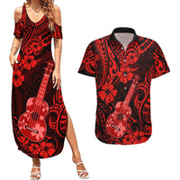 Hawaii Ukulele Couples Matching Summer Maxi Dress and Hawaiian Shirt Polynesian Pattern Red Version - Wonder Print Shop