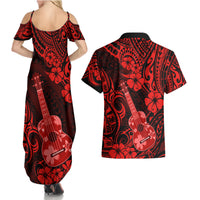 Hawaii Ukulele Couples Matching Summer Maxi Dress and Hawaiian Shirt Polynesian Pattern Red Version - Wonder Print Shop