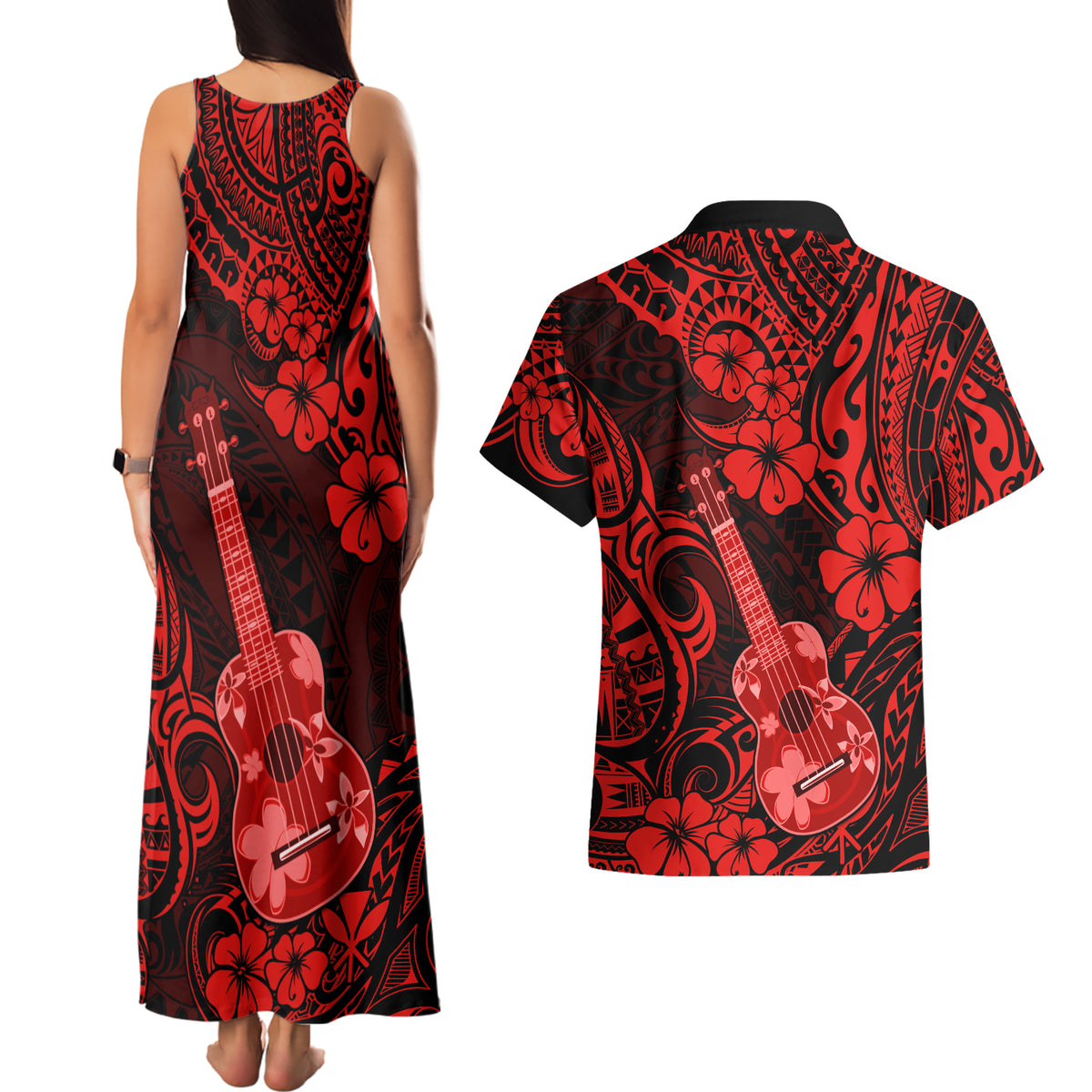 Hawaii Ukulele Couples Matching Tank Maxi Dress and Hawaiian Shirt Polynesian Pattern Red Version - Wonder Print Shop