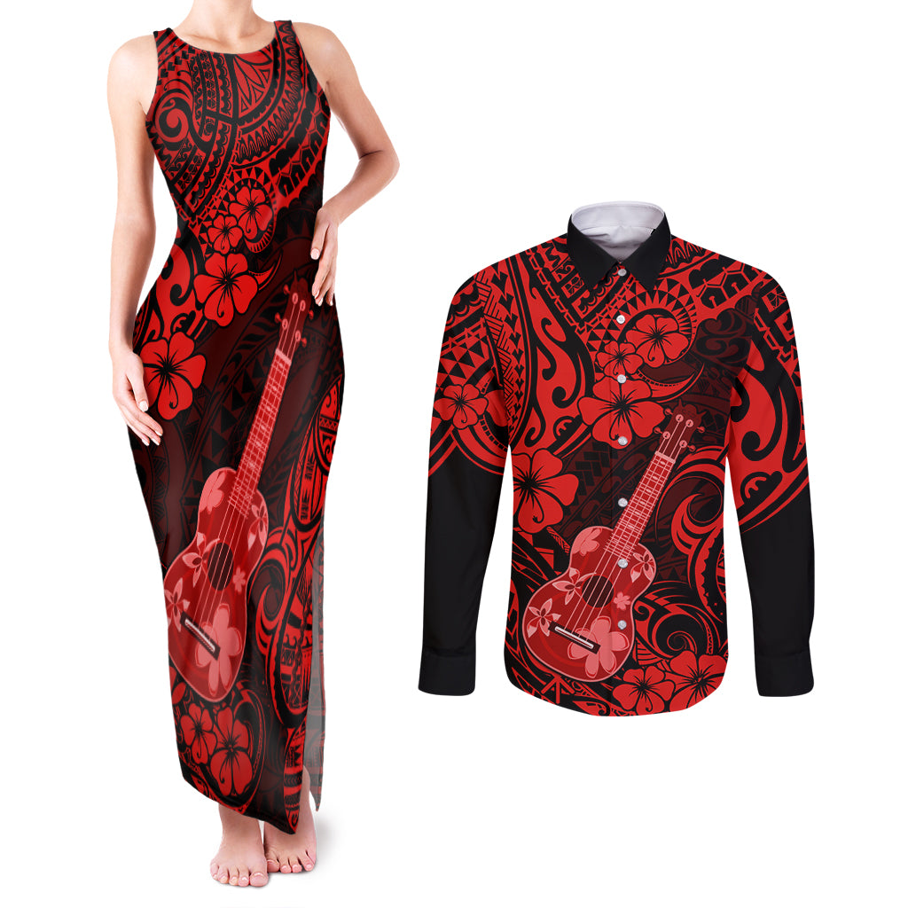 Hawaii Ukulele Couples Matching Tank Maxi Dress and Long Sleeve Button Shirts Polynesian Pattern Red Version - Wonder Print Shop