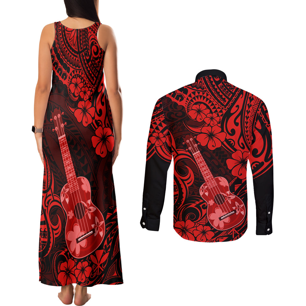 Hawaii Ukulele Couples Matching Tank Maxi Dress and Long Sleeve Button Shirts Polynesian Pattern Red Version - Wonder Print Shop