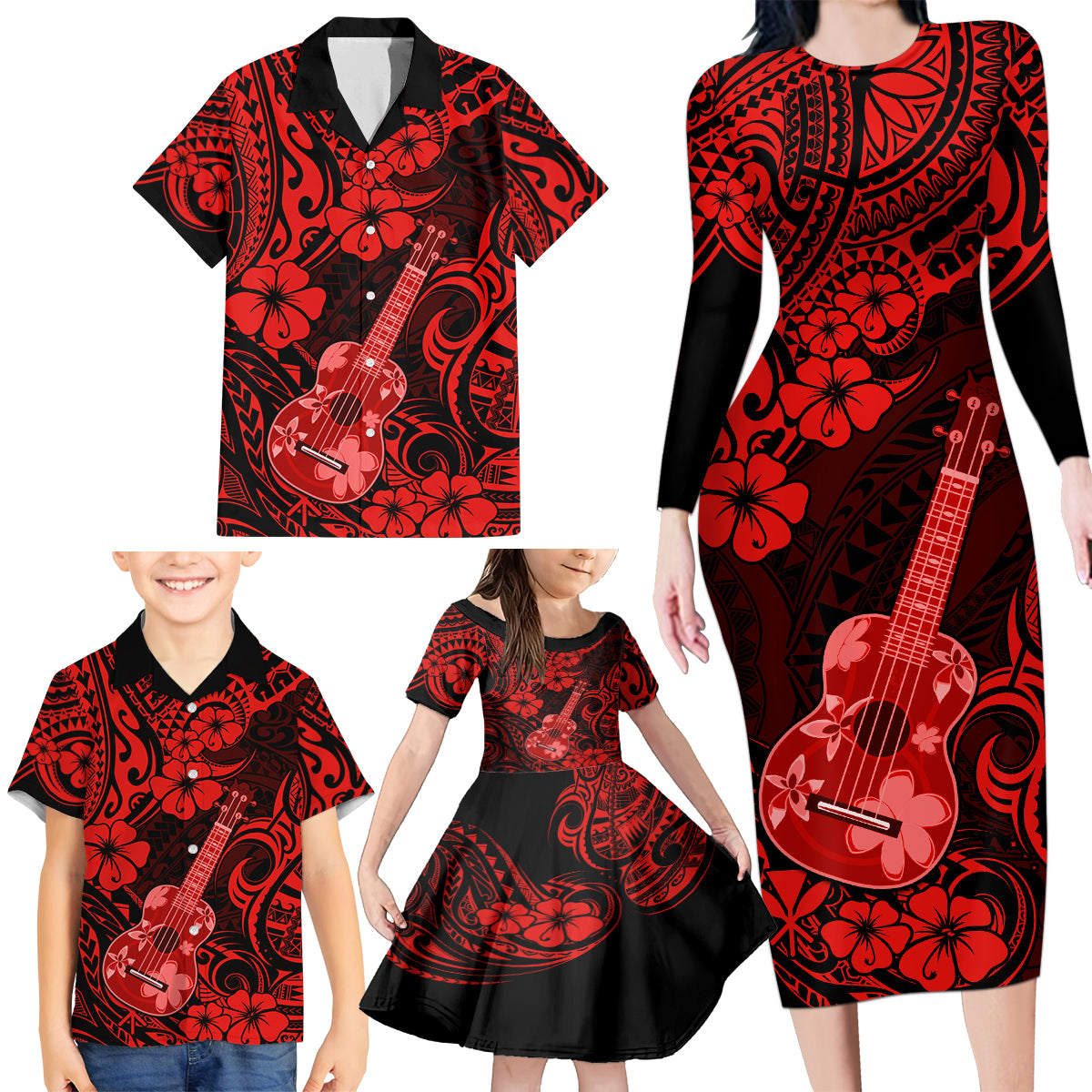 Hawaii Ukulele Family Matching Long Sleeve Bodycon Dress and Hawaiian Shirt Polynesian Pattern Red Version - Wonder Print Shop
