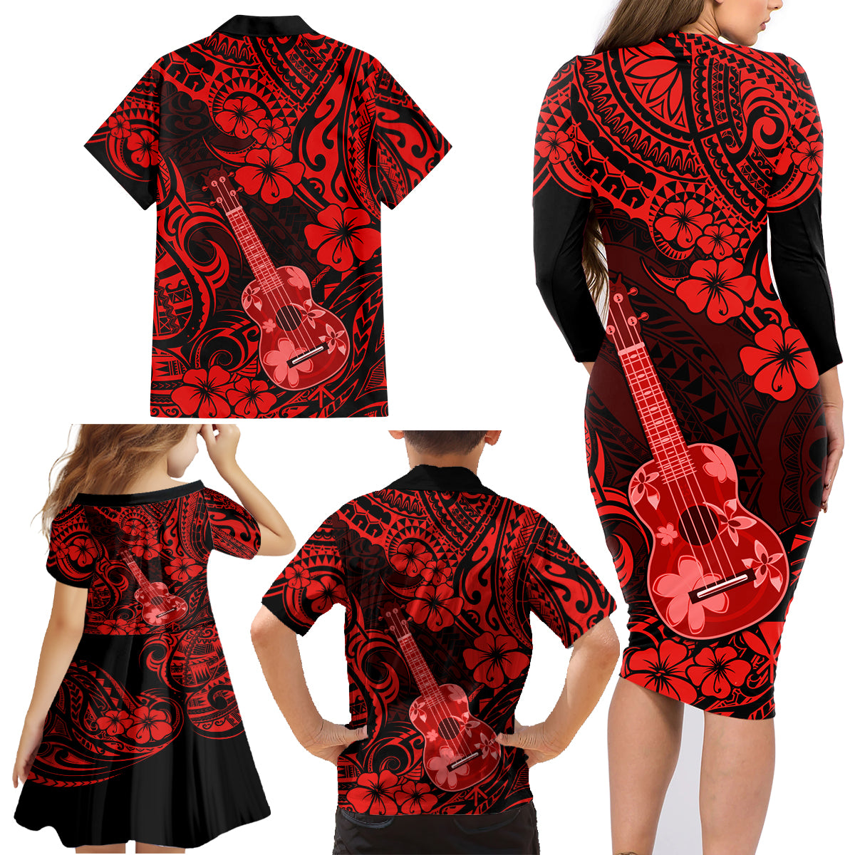 Hawaii Ukulele Family Matching Long Sleeve Bodycon Dress and Hawaiian Shirt Polynesian Pattern Red Version - Wonder Print Shop