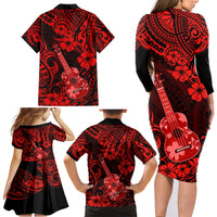 Hawaii Ukulele Family Matching Long Sleeve Bodycon Dress and Hawaiian Shirt Polynesian Pattern Red Version - Wonder Print Shop
