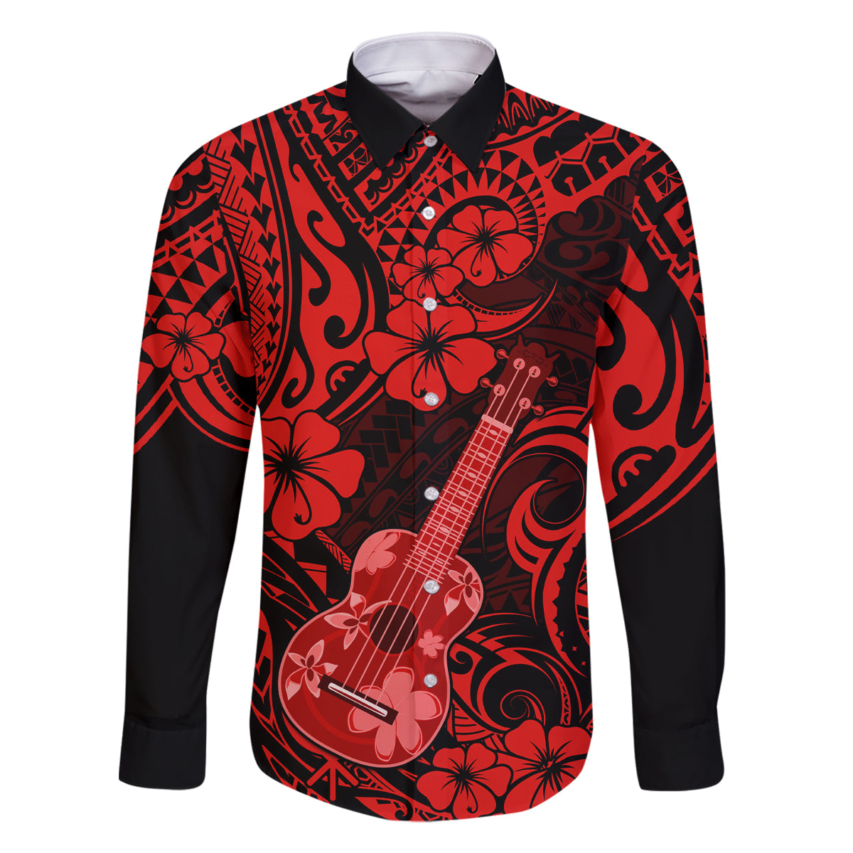 Hawaii Ukulele Family Matching Long Sleeve Bodycon Dress and Hawaiian Shirt Polynesian Pattern Red Version - Wonder Print Shop