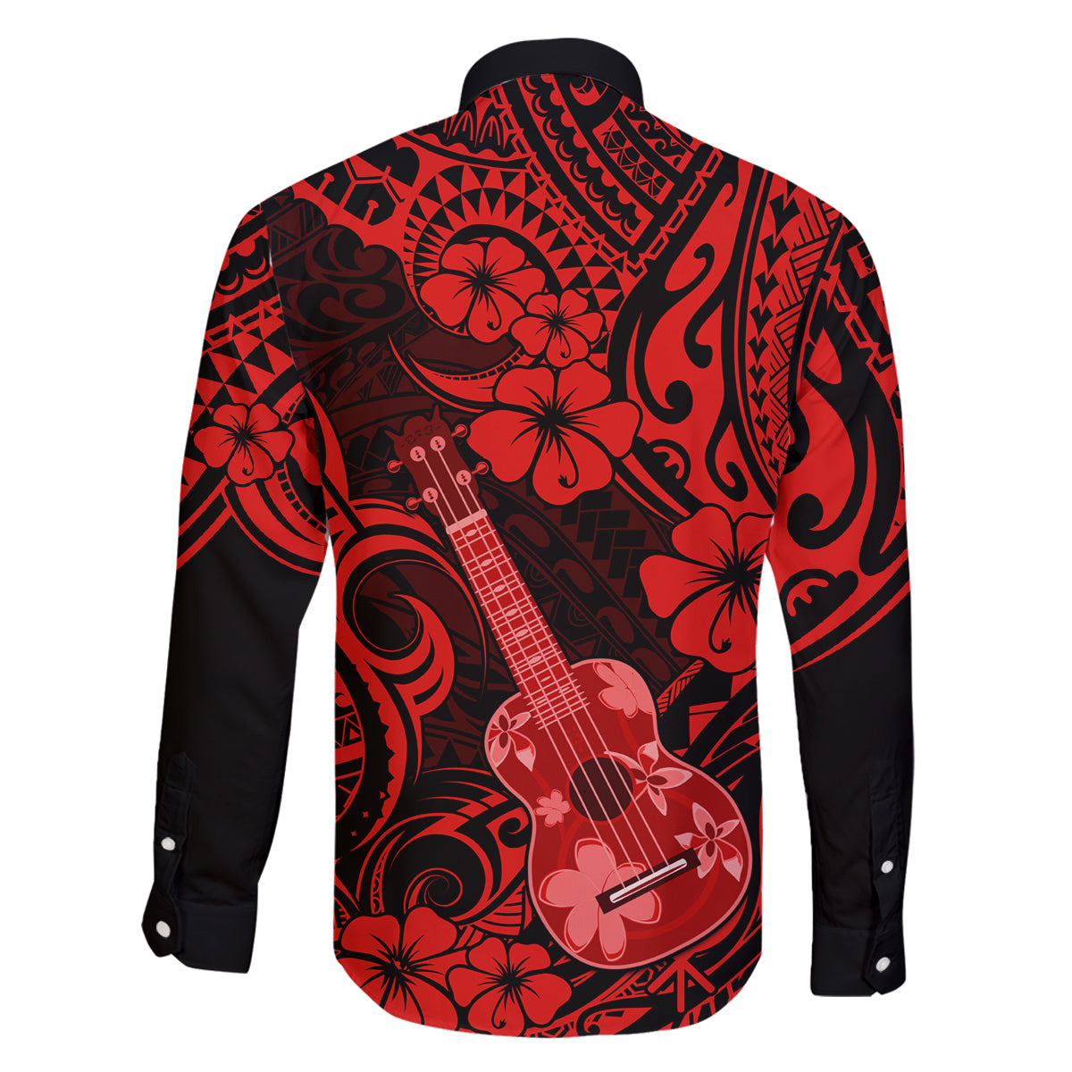 Hawaii Ukulele Family Matching Long Sleeve Bodycon Dress and Hawaiian Shirt Polynesian Pattern Red Version - Wonder Print Shop