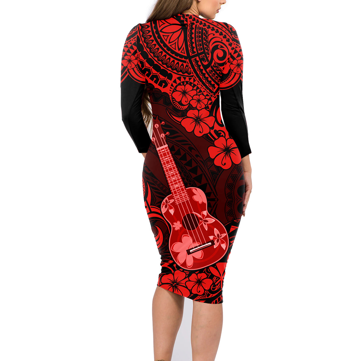 Hawaii Ukulele Family Matching Long Sleeve Bodycon Dress and Hawaiian Shirt Polynesian Pattern Red Version - Wonder Print Shop