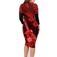 Hawaii Ukulele Family Matching Long Sleeve Bodycon Dress and Hawaiian Shirt Polynesian Pattern Red Version - Wonder Print Shop