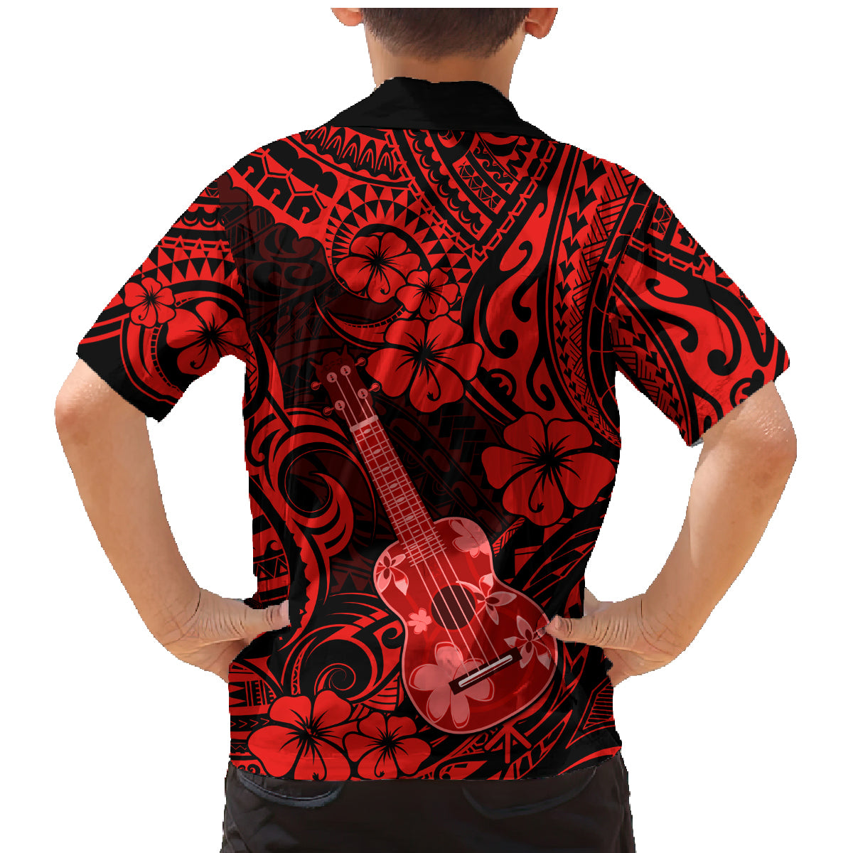 Hawaii Ukulele Family Matching Mermaid Dress and Hawaiian Shirt Polynesian Pattern Red Version - Wonder Print Shop
