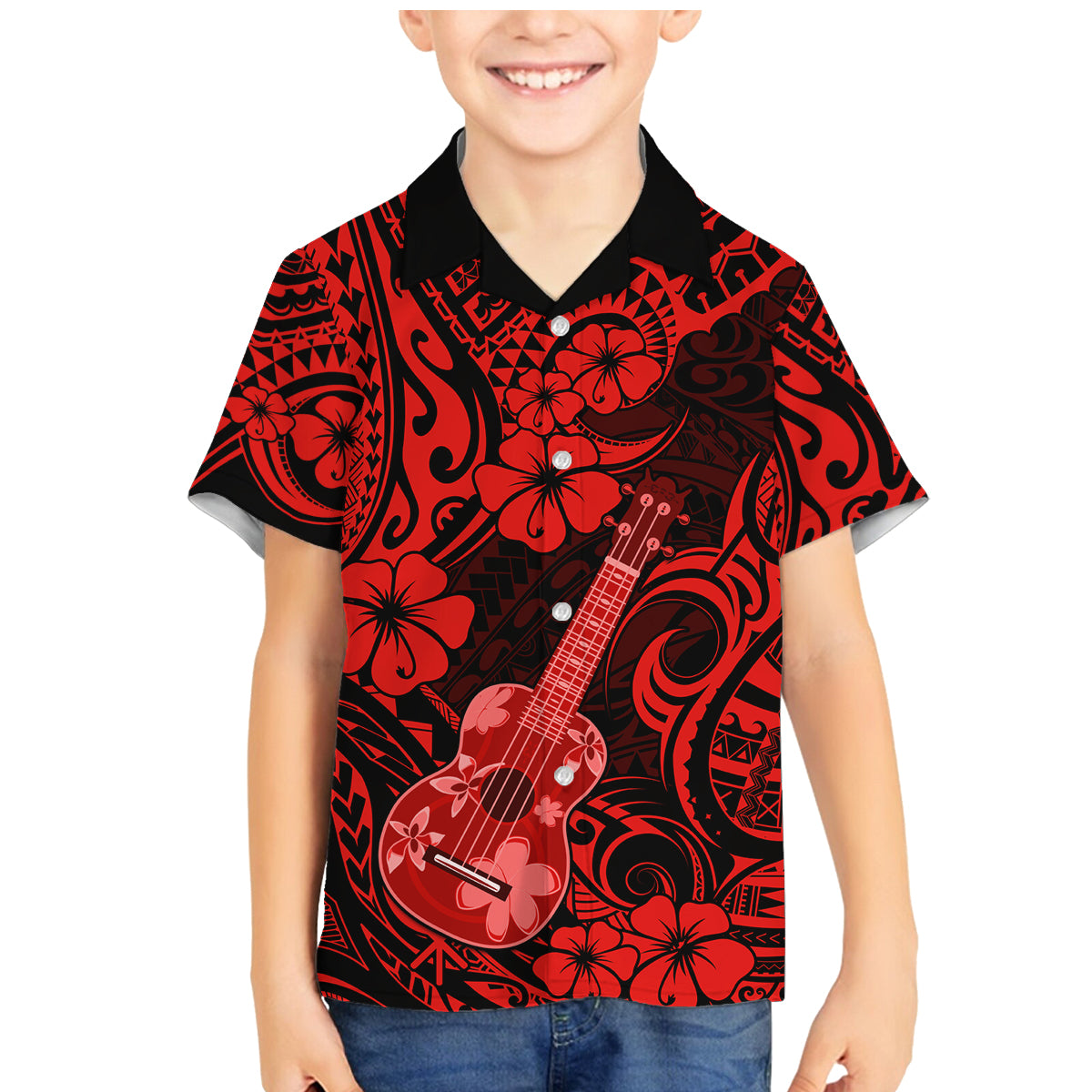 Hawaii Ukulele Family Matching Mermaid Dress and Hawaiian Shirt Polynesian Pattern Red Version - Wonder Print Shop