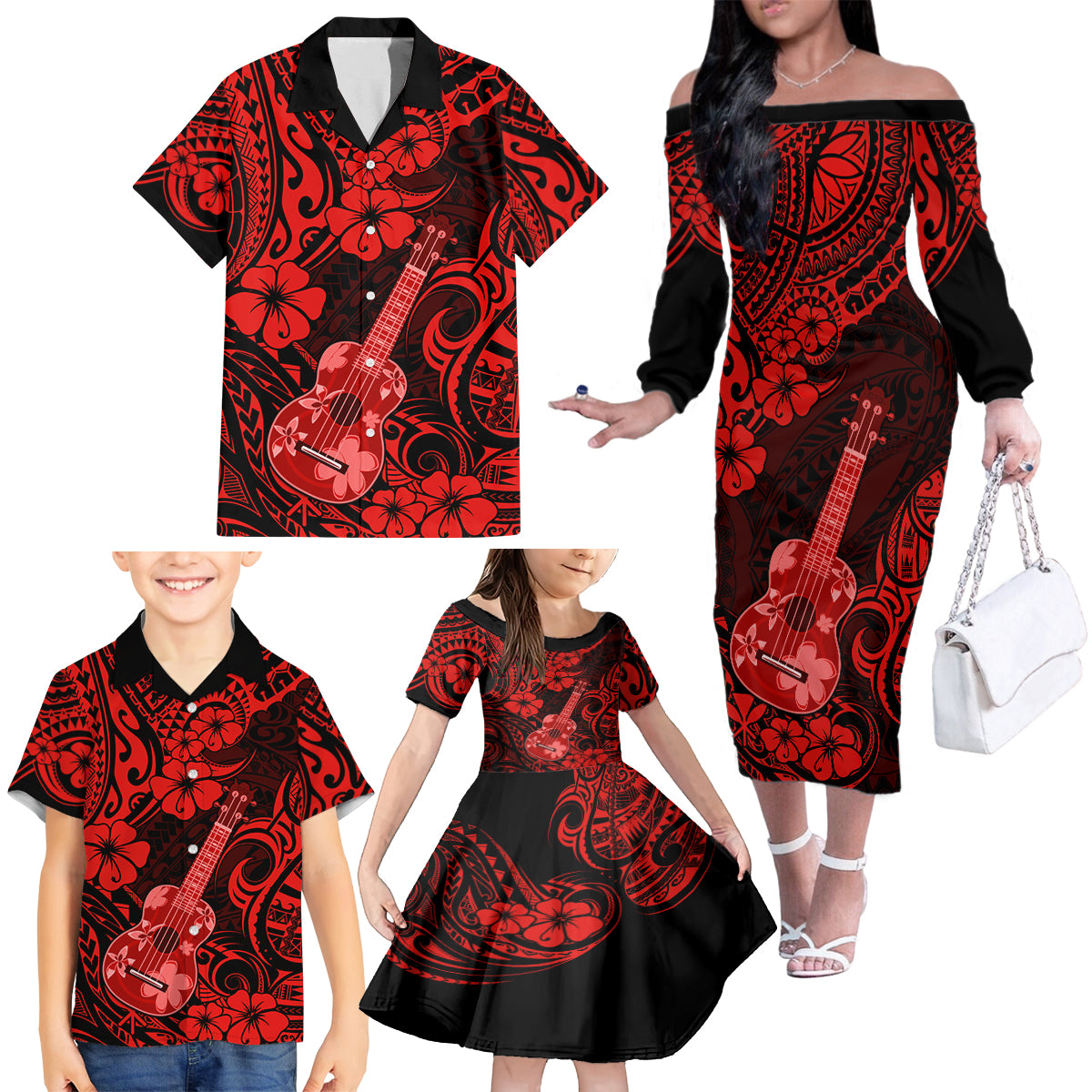 Hawaii Ukulele Family Matching Off Shoulder Long Sleeve Dress and Hawaiian Shirt Polynesian Pattern Red Version - Wonder Print Shop