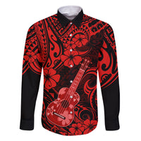 Hawaii Ukulele Family Matching Off Shoulder Long Sleeve Dress and Hawaiian Shirt Polynesian Pattern Red Version - Wonder Print Shop