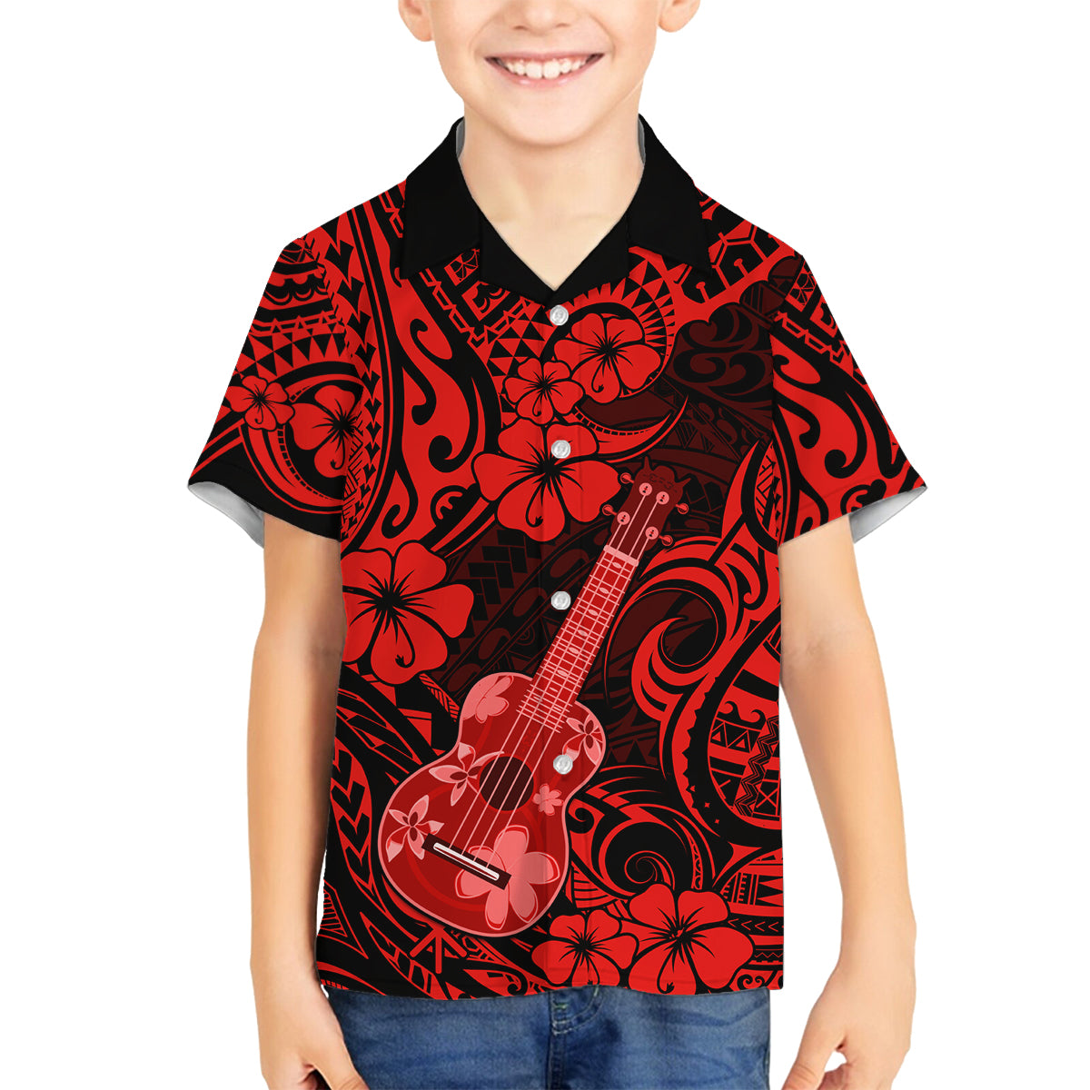 Hawaii Ukulele Family Matching Off Shoulder Long Sleeve Dress and Hawaiian Shirt Polynesian Pattern Red Version - Wonder Print Shop