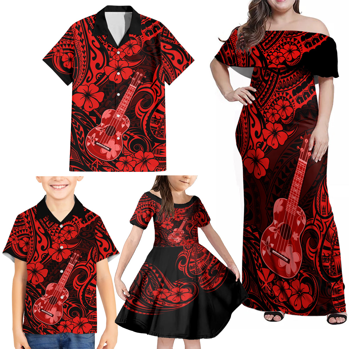 Hawaii Ukulele Family Matching Off Shoulder Maxi Dress and Hawaiian Shirt Polynesian Pattern Red Version - Wonder Print Shop