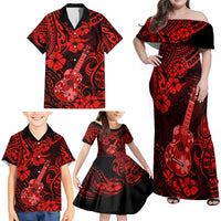 Hawaii Ukulele Family Matching Off Shoulder Maxi Dress and Hawaiian Shirt Polynesian Pattern Red Version - Wonder Print Shop