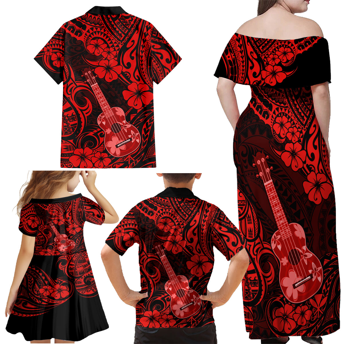 Hawaii Ukulele Family Matching Off Shoulder Maxi Dress and Hawaiian Shirt Polynesian Pattern Red Version - Wonder Print Shop