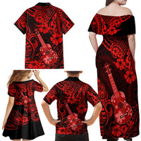 Hawaii Ukulele Family Matching Off Shoulder Maxi Dress and Hawaiian Shirt Polynesian Pattern Red Version - Wonder Print Shop