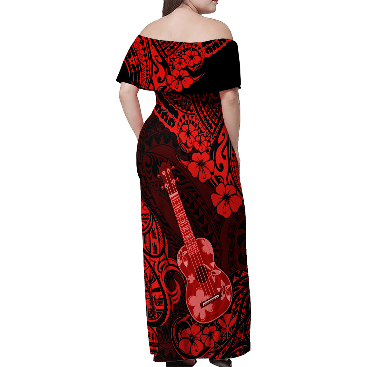 Hawaii Ukulele Family Matching Off Shoulder Maxi Dress and Hawaiian Shirt Polynesian Pattern Red Version - Wonder Print Shop