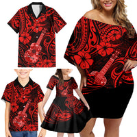 Hawaii Ukulele Family Matching Off Shoulder Short Dress and Hawaiian Shirt Polynesian Pattern Red Version - Wonder Print Shop