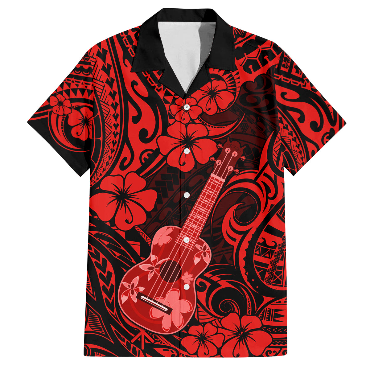 Hawaii Ukulele Family Matching Off Shoulder Short Dress and Hawaiian Shirt Polynesian Pattern Red Version - Wonder Print Shop