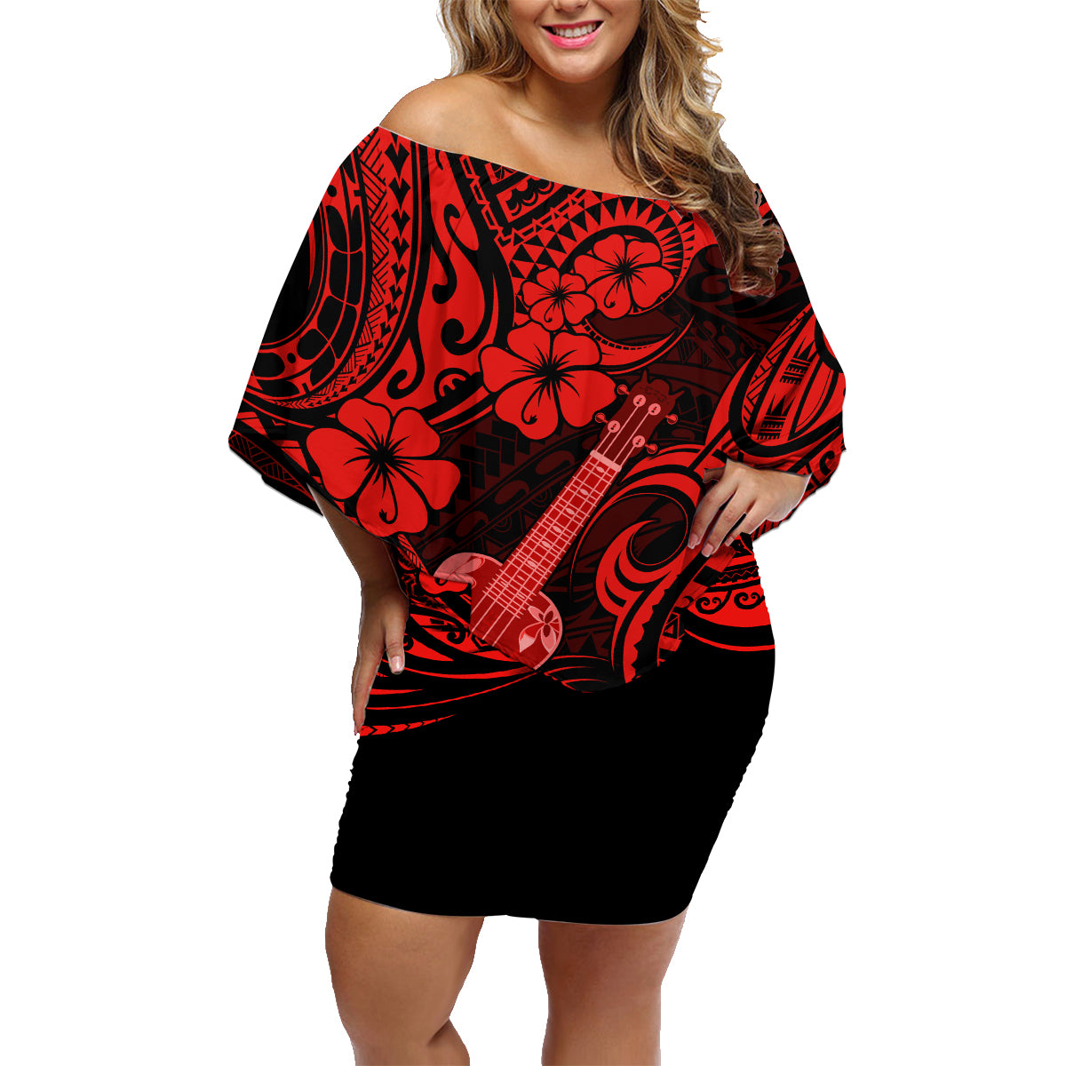 Hawaii Ukulele Family Matching Off Shoulder Short Dress and Hawaiian Shirt Polynesian Pattern Red Version - Wonder Print Shop