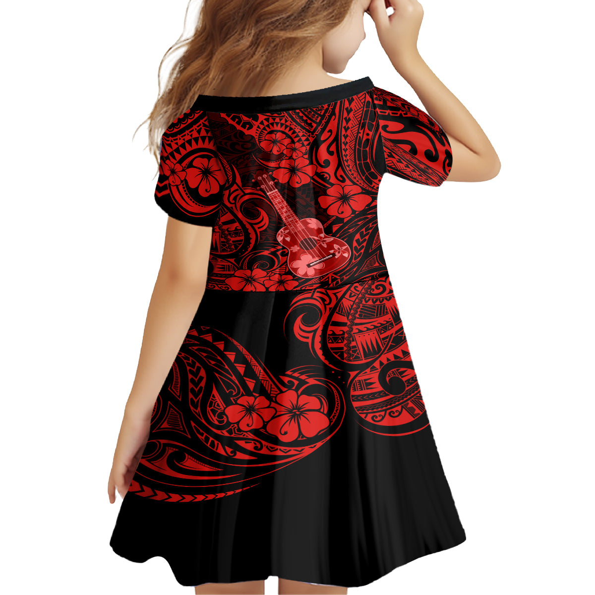Hawaii Ukulele Family Matching Puletasi Dress and Hawaiian Shirt Polynesian Pattern Red Version - Wonder Print Shop