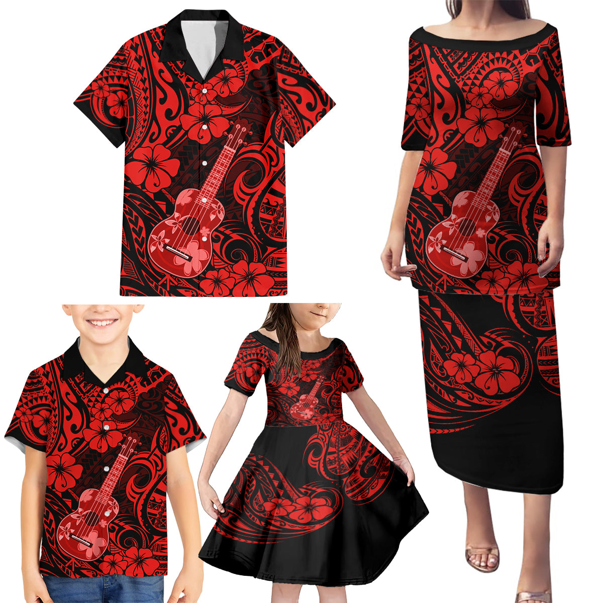 Hawaii Ukulele Family Matching Puletasi Dress and Hawaiian Shirt Polynesian Pattern Red Version - Wonder Print Shop