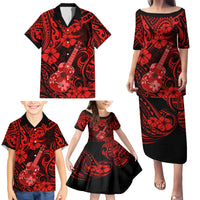 Hawaii Ukulele Family Matching Puletasi Dress and Hawaiian Shirt Polynesian Pattern Red Version - Wonder Print Shop