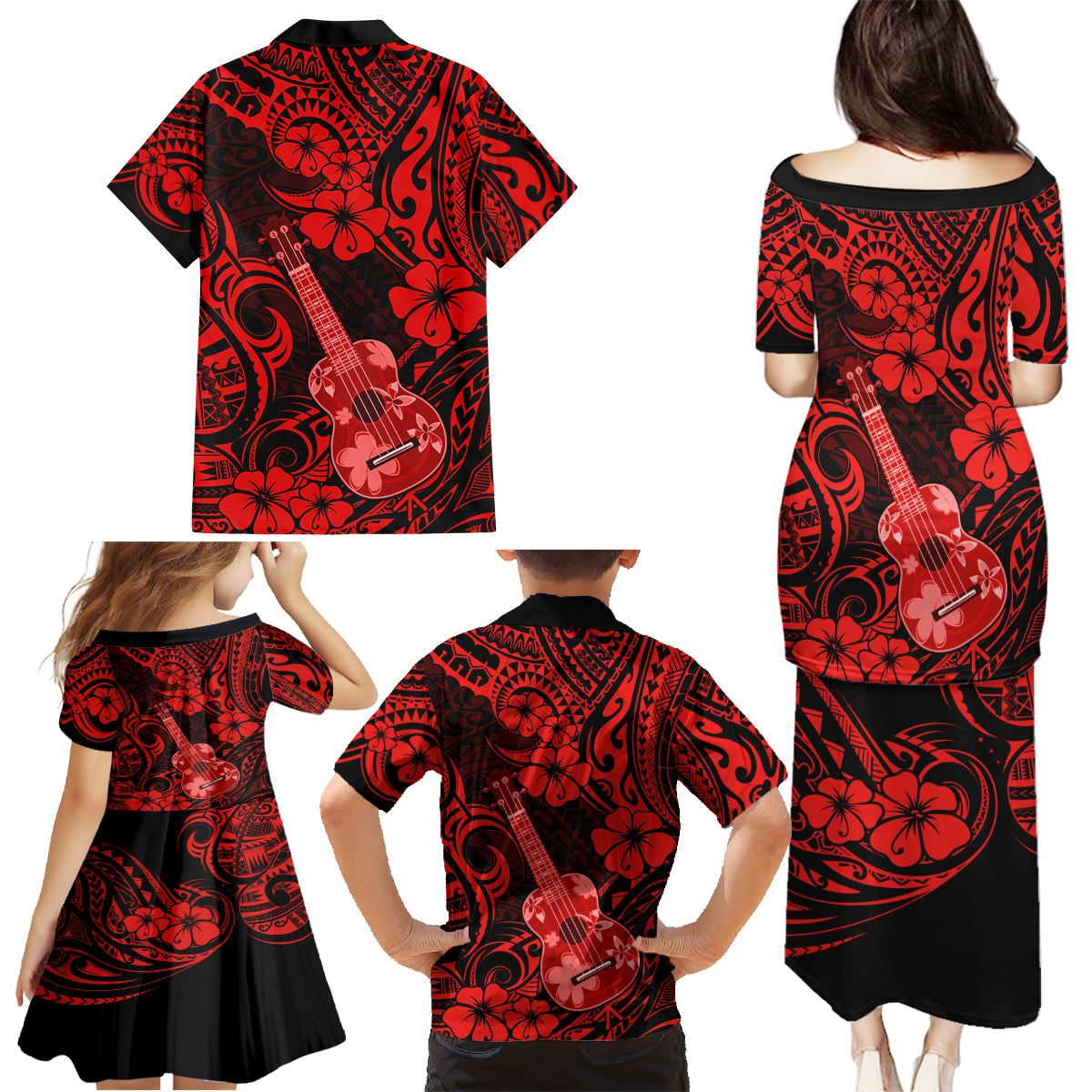 Hawaii Ukulele Family Matching Puletasi Dress and Hawaiian Shirt Polynesian Pattern Red Version - Wonder Print Shop
