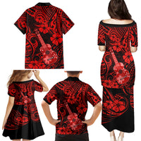 Hawaii Ukulele Family Matching Puletasi Dress and Hawaiian Shirt Polynesian Pattern Red Version - Wonder Print Shop