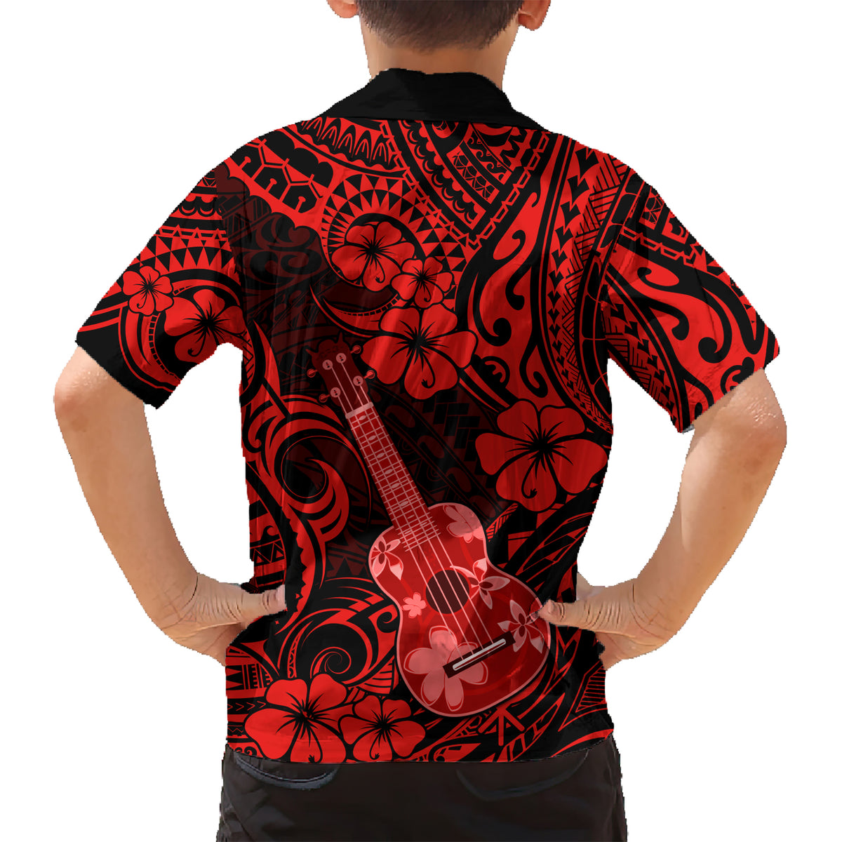 Hawaii Ukulele Family Matching Short Sleeve Bodycon Dress and Hawaiian Shirt Polynesian Pattern Red Version - Wonder Print Shop