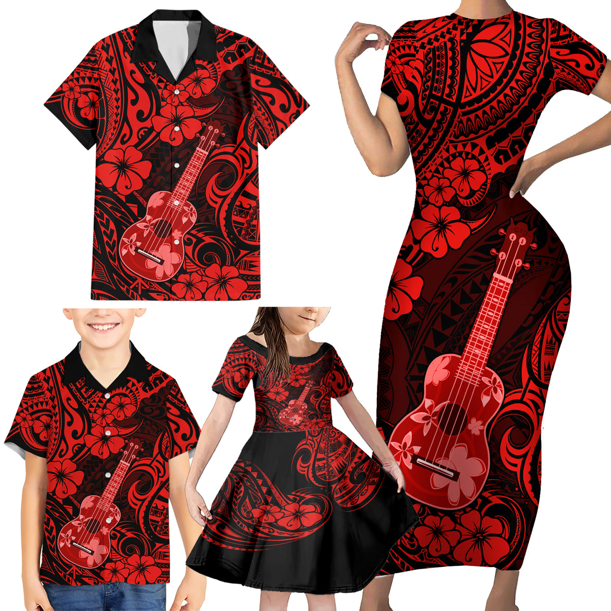 Hawaii Ukulele Family Matching Short Sleeve Bodycon Dress and Hawaiian Shirt Polynesian Pattern Red Version - Wonder Print Shop