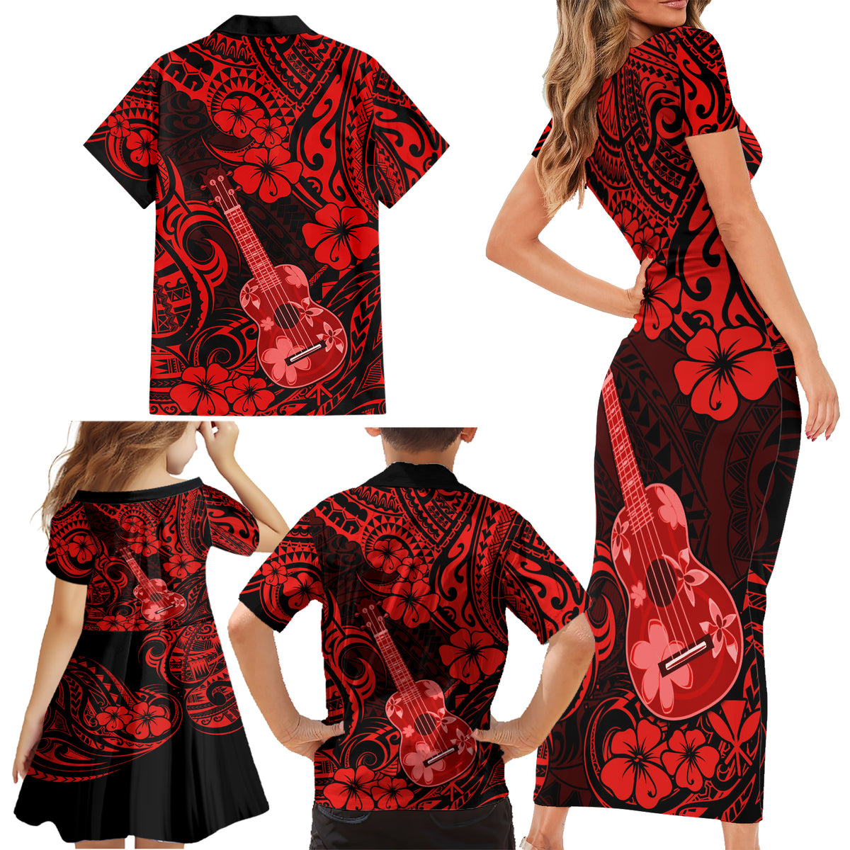 Hawaii Ukulele Family Matching Short Sleeve Bodycon Dress and Hawaiian Shirt Polynesian Pattern Red Version - Wonder Print Shop