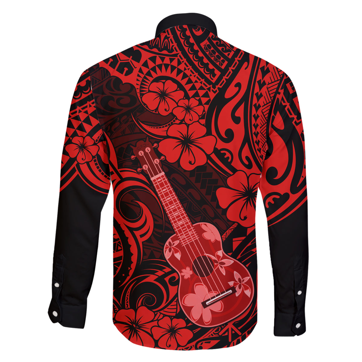 Hawaii Ukulele Family Matching Short Sleeve Bodycon Dress and Hawaiian Shirt Polynesian Pattern Red Version - Wonder Print Shop
