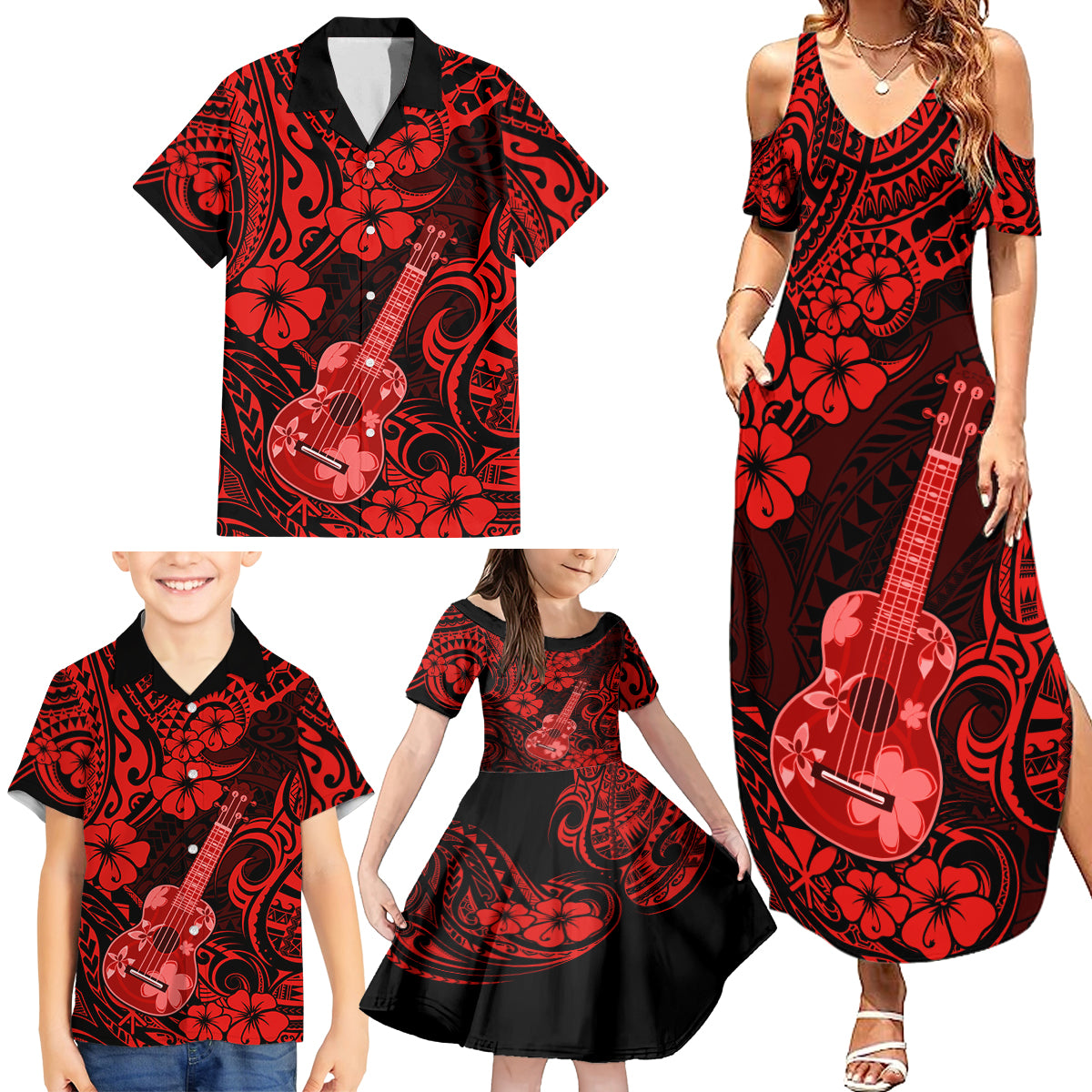 Hawaii Ukulele Family Matching Summer Maxi Dress and Hawaiian Shirt Polynesian Pattern Red Version - Wonder Print Shop
