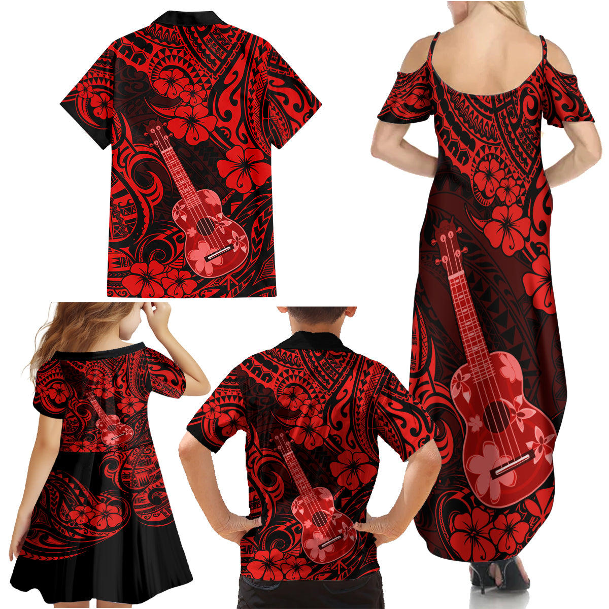 Hawaii Ukulele Family Matching Summer Maxi Dress and Hawaiian Shirt Polynesian Pattern Red Version - Wonder Print Shop