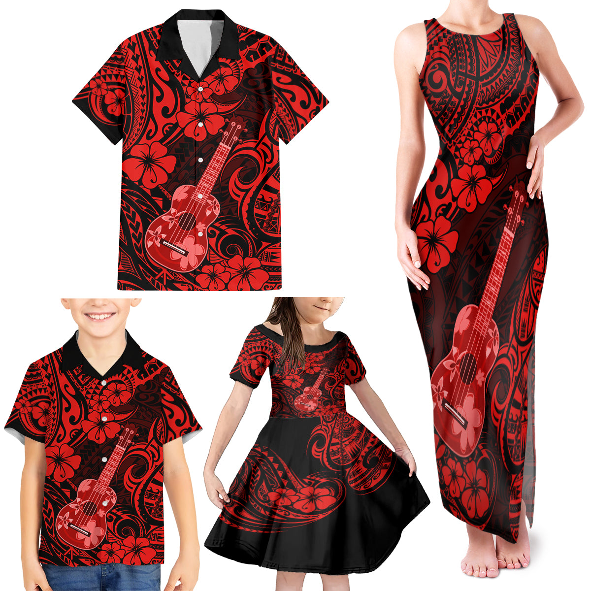 Hawaii Ukulele Family Matching Tank Maxi Dress and Hawaiian Shirt Polynesian Pattern Red Version - Wonder Print Shop