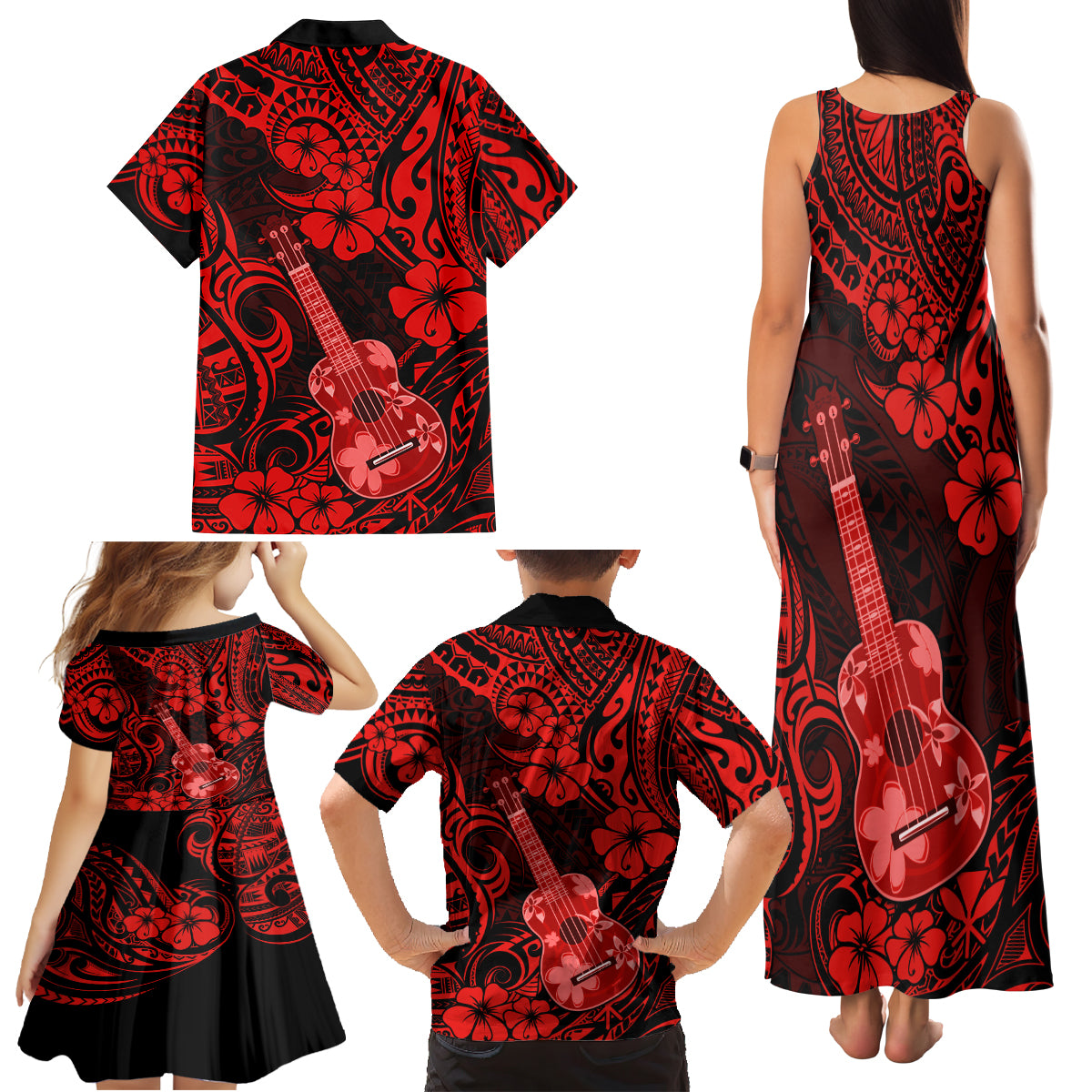 Hawaii Ukulele Family Matching Tank Maxi Dress and Hawaiian Shirt Polynesian Pattern Red Version - Wonder Print Shop
