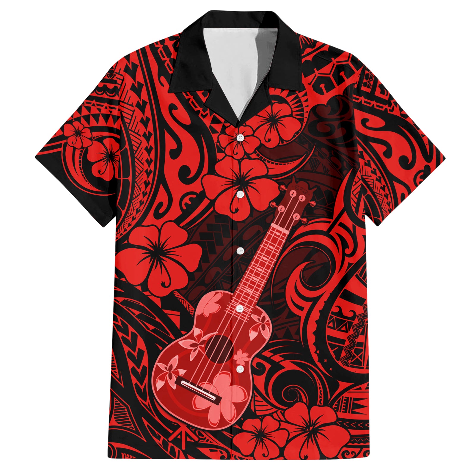 Hawaii Ukulele Hawaiian Shirt Polynesian Pattern Red Version - Wonder Print Shop