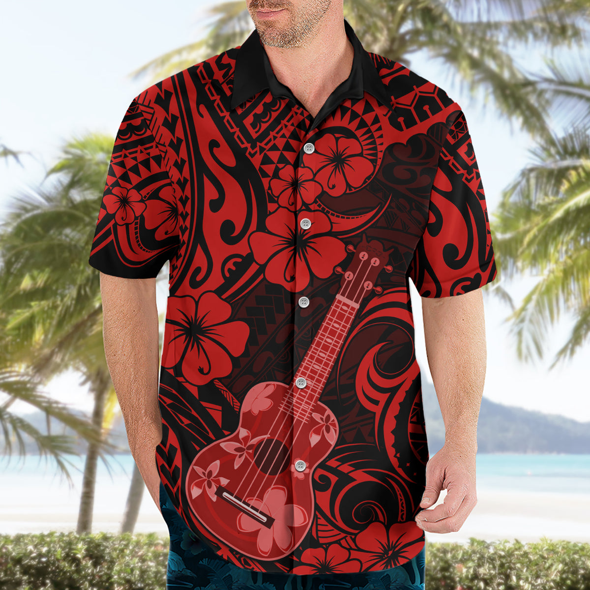 Hawaii Ukulele Hawaiian Shirt Polynesian Pattern Red Version - Wonder Print Shop