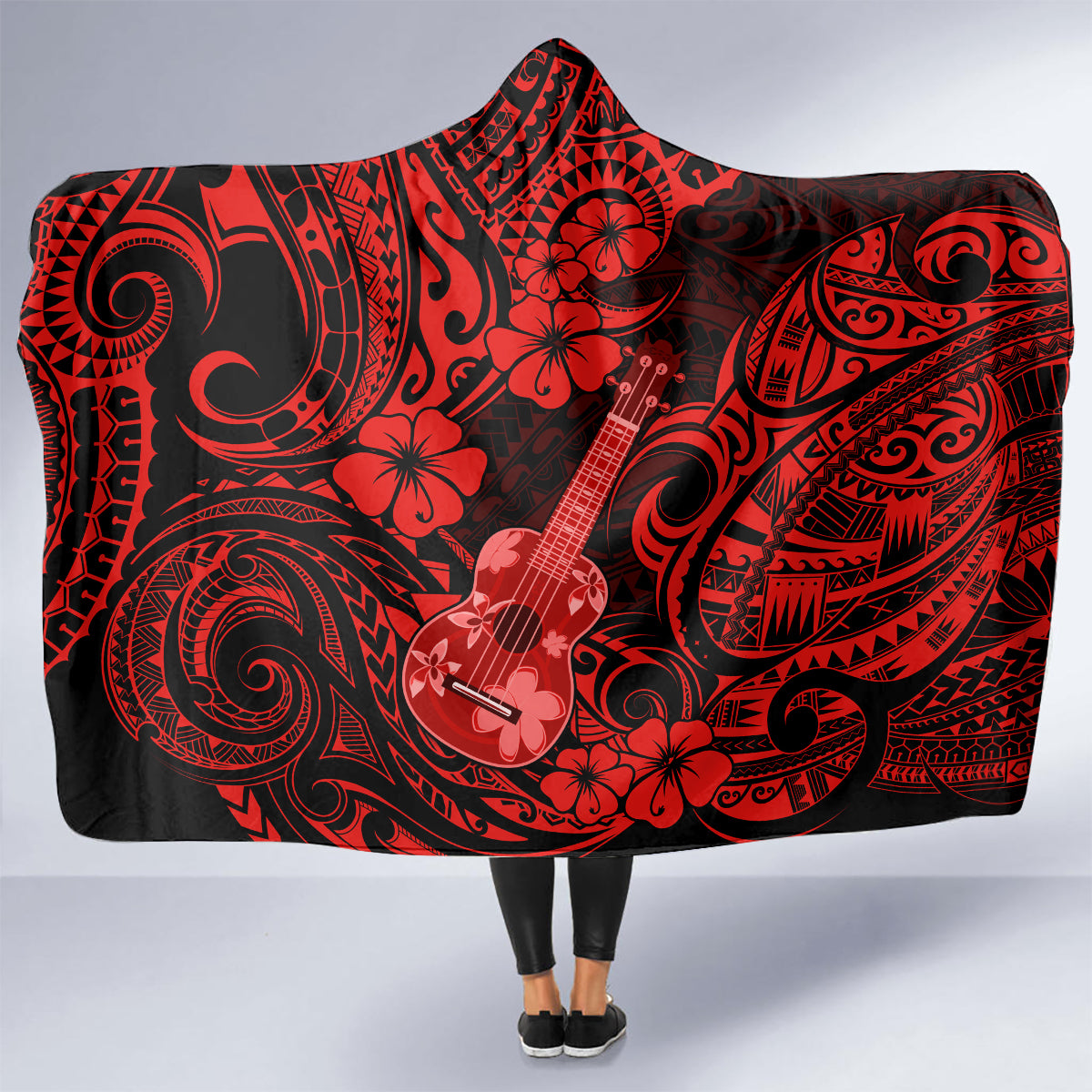 hawaii-ukulele-hooded-blanket-polynesian-pattern-red-version