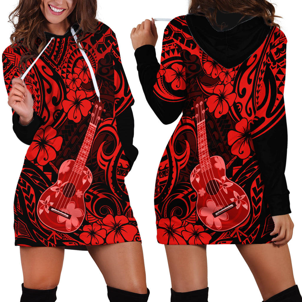 Hawaii Ukulele Hoodie Dress Polynesian Pattern Red Version - Wonder Print Shop